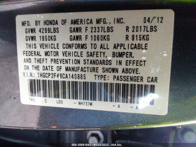 2012 HONDA ACCORD SDN LX PREMIUM VIN: 1HGCP2F49CA140885