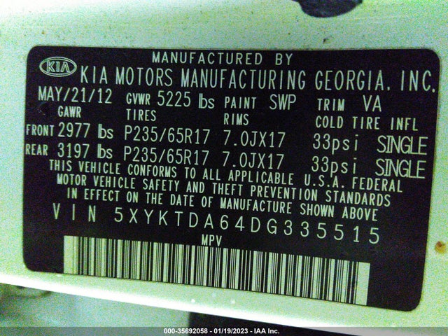 2013 KIA SORENTO LX VIN: 5XYKTDA64DG335515