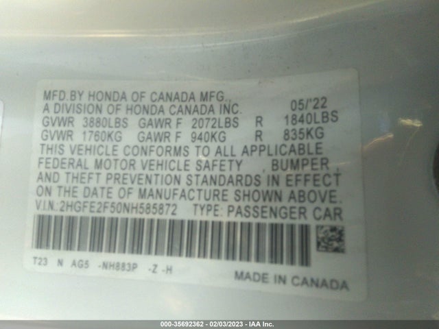 2022 HONDA CIVIC SEDAN SPORT VIN: 2HGFE2F50NH585872