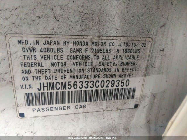 2003 HONDA ACCORD SDN LX VIN: JHMCM56333C029350