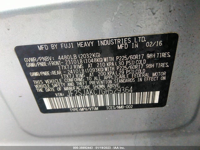 2016 Subaru Forester, VIN: JF2SJAKC7GH529364