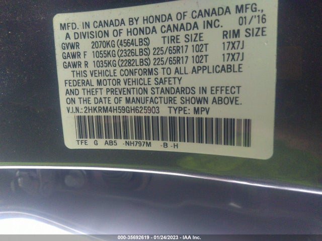 2016 Honda CR-V, VIN: 2HKRM4H59GH625903