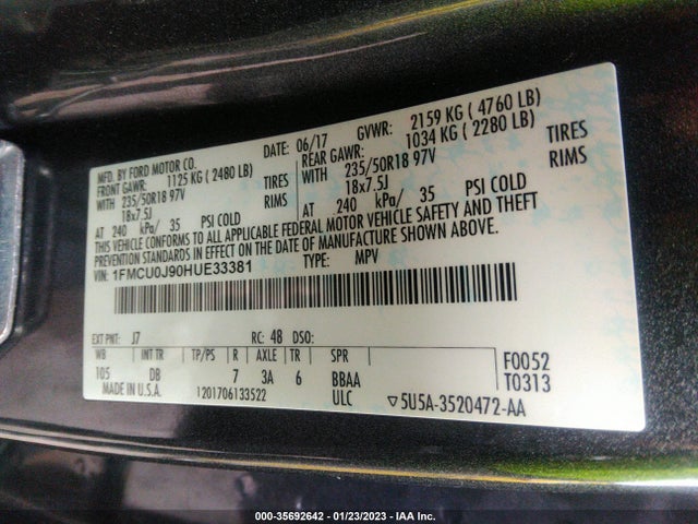 2017 FORD ESCAPE TITANIUM VIN: 1FMCU0J90HUE33381