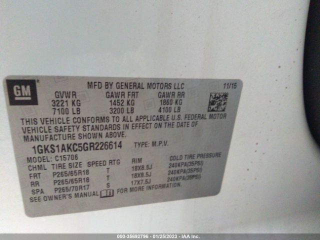 1GKS1AKC5GR226614 GMC YUKON SLE