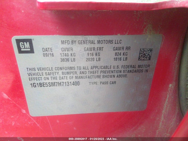 Chevrolet CRUZE LT 2017 1G1BE5SM7H7131400 Image 10