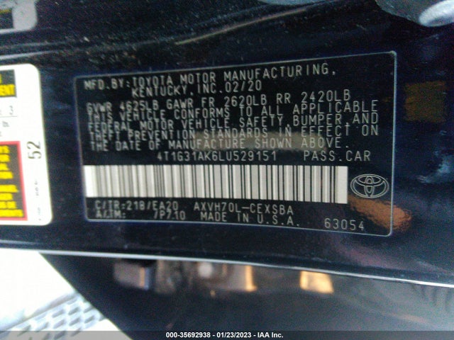 2020 Toyota Camry, VIN: 4T1G31AK6LU529151