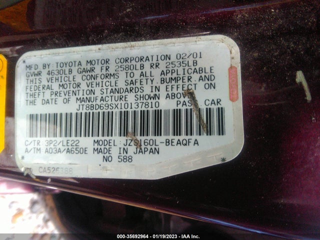 2001 LEXUS GS 300 VIN: JT8BD69SX10137810