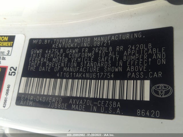 2022 Toyota Camry, VIN: 4T1G11AK4NU617754