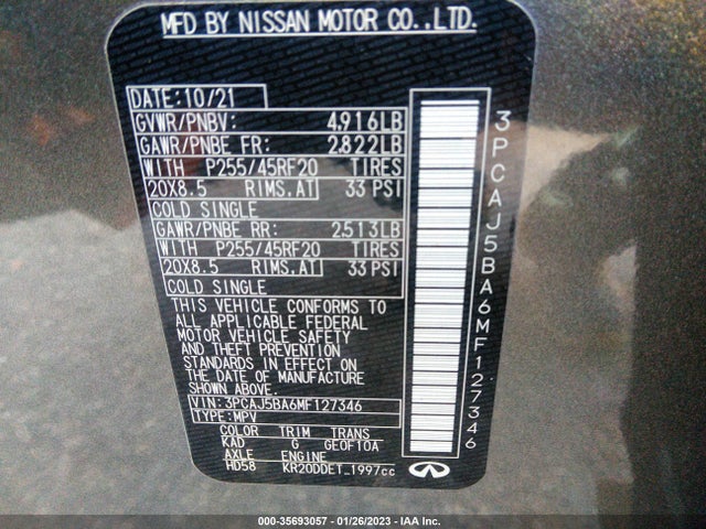 2021 INFINITI QX50 LUXE VIN: 3PCAJ5BA6MF127346