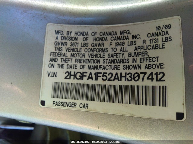 2010 HONDA CIVIC SDN LX VIN: 2HGFA1F52AH307412