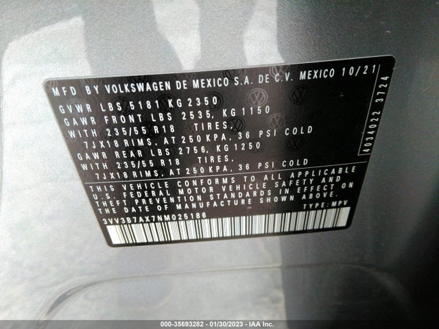 3VV3B7AX7NM025186 Volkswagen TIGUAN SE