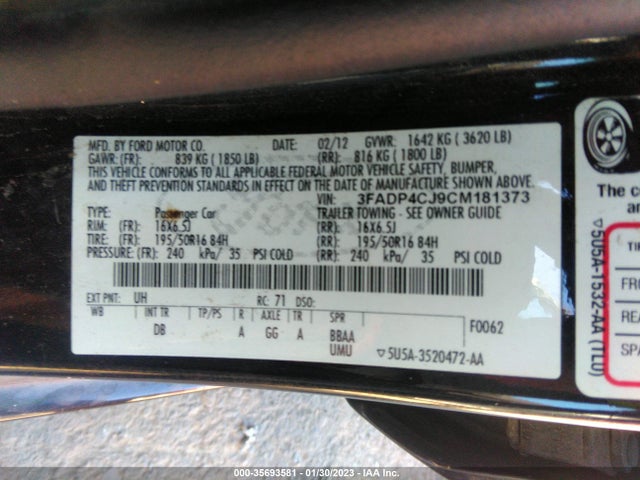 2012 FORD FIESTA SEL VIN: 3FADP4CJ9CM181373
