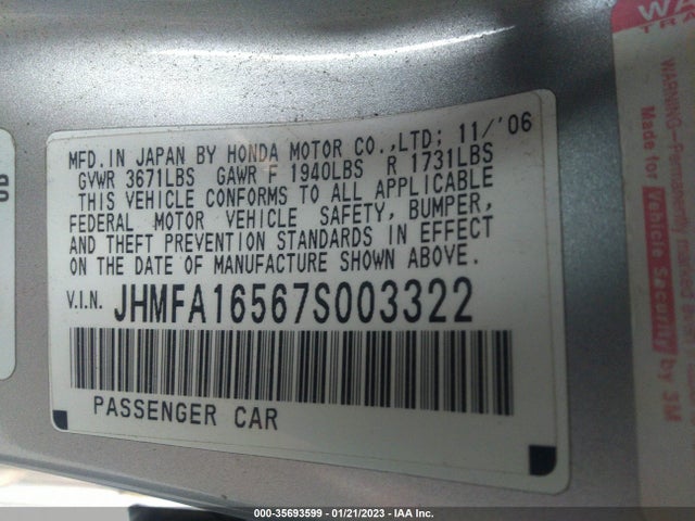 2007 HONDA CIVIC SDN LX VIN: JHMFA16567S003322