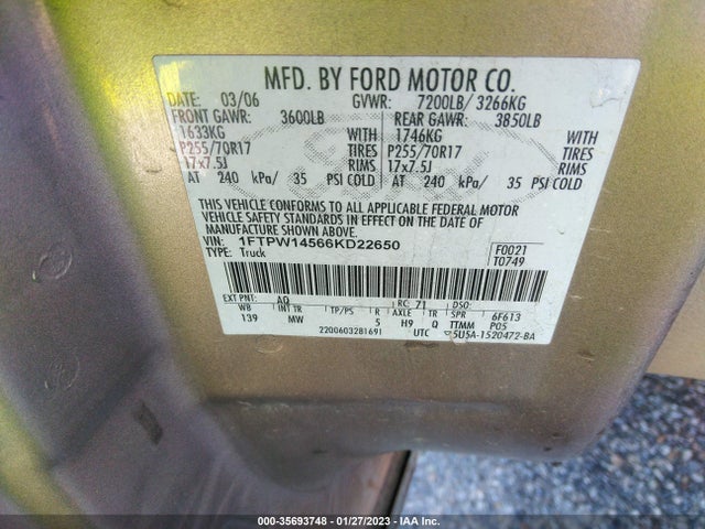 2006 FORD F-150 XLT/FX4/LARIAT/KING RANCH VIN: 1FTPW14566KD22650