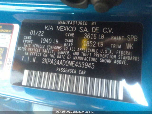 2022 KIA RIO S VIN: 3KPA24AD0NE453945