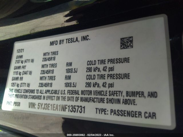 5YJ3E1EA1NF135731 Tesla MODEL 3