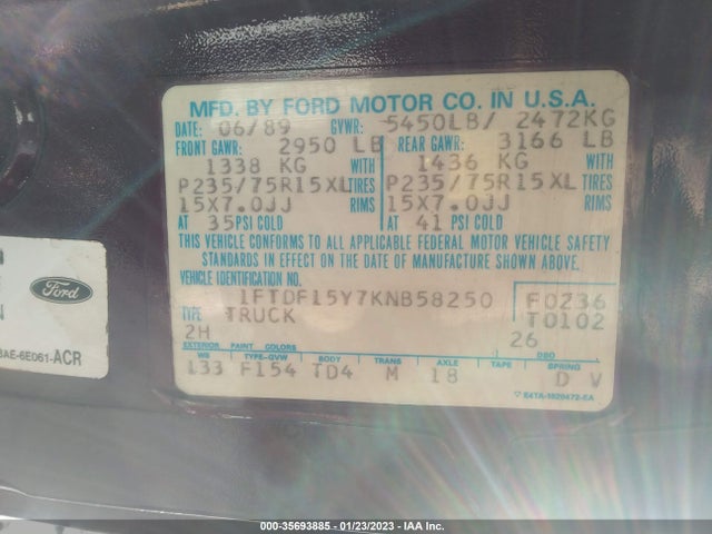 1989 FORD F150 VIN: 1FTDF15Y7KNB58250