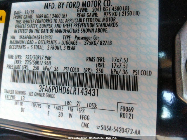 2020 Ford Fusion, VIN: 3FA6P0HD6LR143431