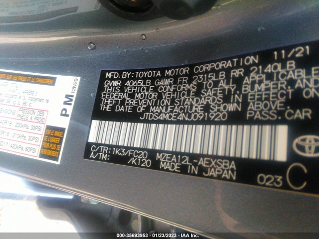2022 TOYOTA COROLLA SE/SE NIGHTSHADE/APEX SE VIN: JTDS4MCE4NJ091920