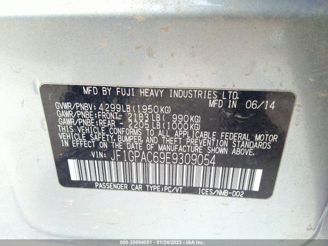 2014 SUBARU IMPREZA WAGON 2.0I PREMIUM VIN: JF1GPAC69E9309054