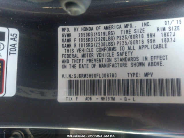Honda Cr-v Touring 2015 5J6RM3H90FL008780 Image 9