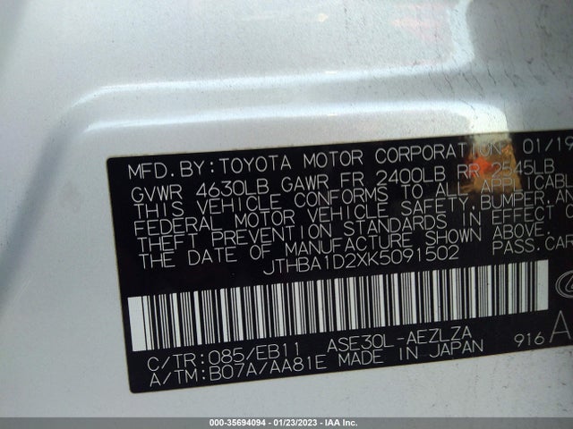 2019 Lexus IS, VIN: JTHBA1D2XK5091502