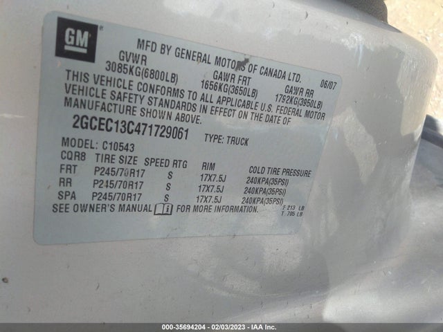2007 CHEVROLET SILVERADO 1500 LS VIN: 2GCEC13C471729061
