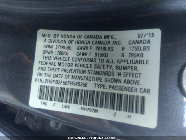 2015 HONDA CIVIC SEDAN LX VIN: 2HGFB2F56FH545368
