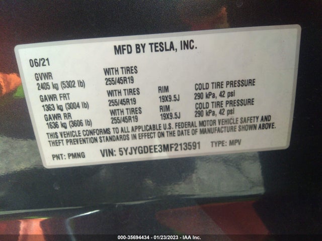 Tesla Model Y 2021 5YJYGDEE3MF213591 Image 9