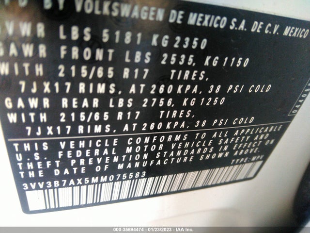 2021 VOLKSWAGEN TIGUAN SE/SE R-LINE BLACK/SEL VIN: 3VV3B7AX5MM075583