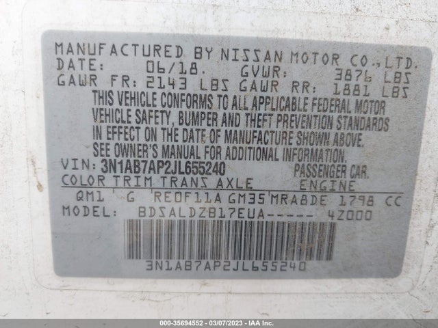 Nissan SENTRA SV 2018 3N1AB7AP2JL655240 Image 9