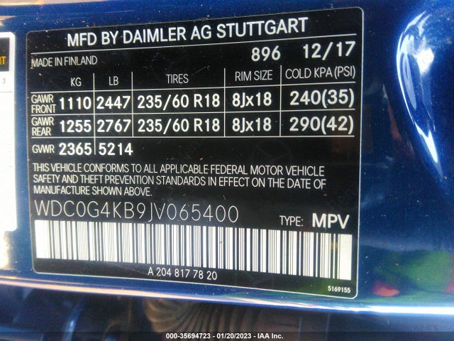 2018 Mercedes-Benz GLC-Class, VIN: WDC0G4KB9JV065400