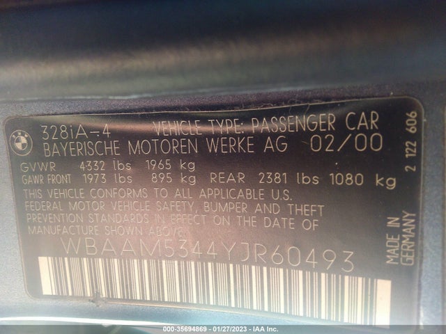 2000 BMW 3 SERIES 328I VIN: WBAAM5344YJR60493