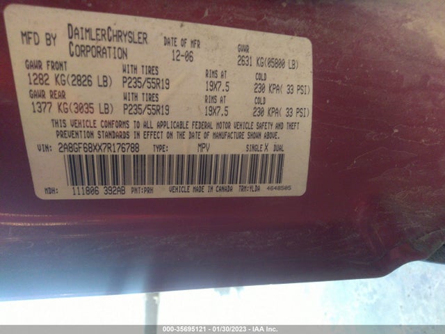 2007 CHRYSLER PACIFICA TOURING VIN: 2A8GF68XX7R176788