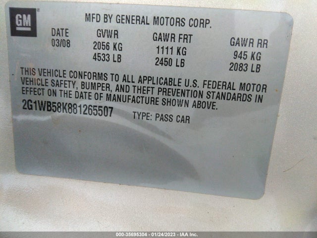 2008 CHEVROLET IMPALA LS VIN: 2G1WB58K881265507
