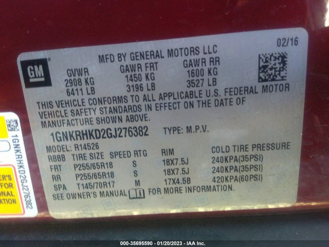 Chevrolet Traverse Lt 2016 1GNKRHKD2GJ276382 Image 10