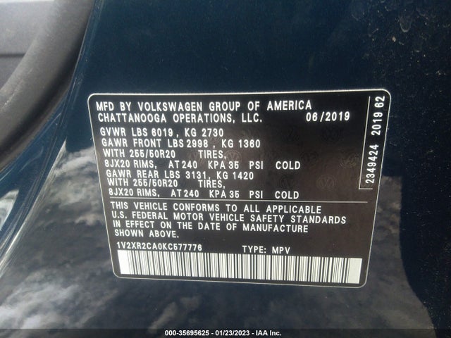 2019 VOLKSWAGEN ATLAS 3.6L V6 SE W VIN: 1V2XR2CA0KC577776