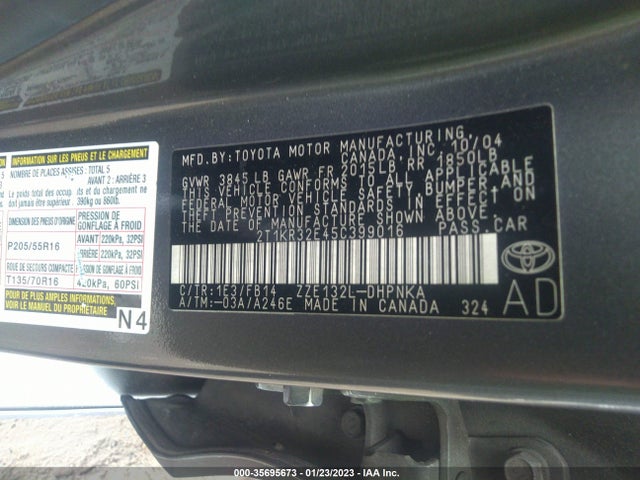 2005 TOYOTA MATRIX STD/XR VIN: 2T1KR32E45C399016