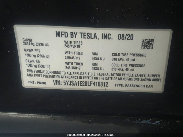 2020 Tesla Model S, VIN: 5YJSA1E20LF410812