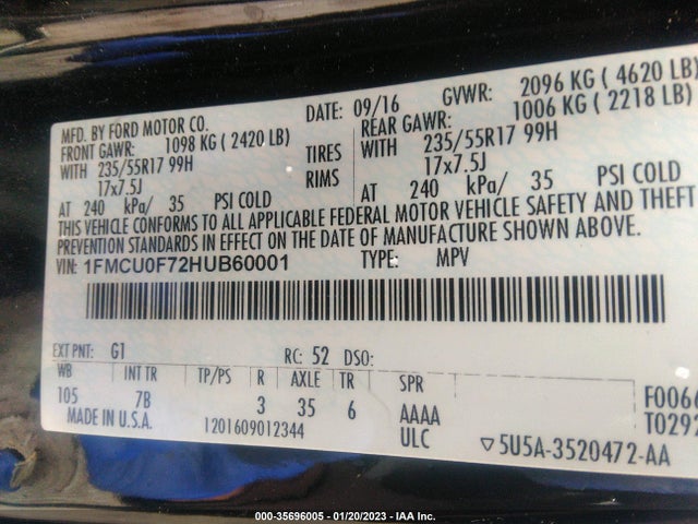 2017 FORD ESCAPE S VIN: 1FMCU0F72HUB60001