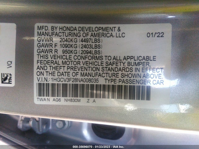 2022 Honda Accord, VIN: 1HGCV3F28NA008035