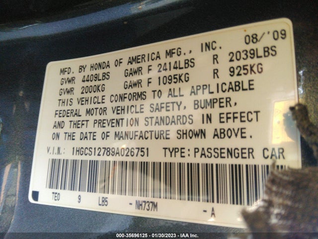 2009 HONDA ACCORD CPE EX VIN: 1HGCS12789A026751