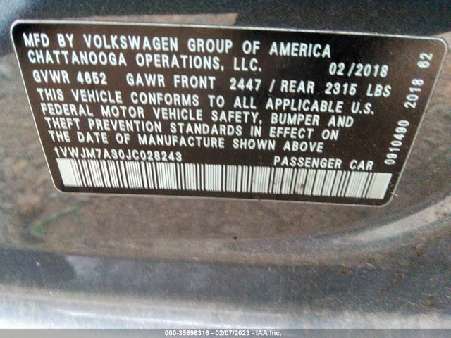 2018 Volkswagen Passat, VIN: 1VWJM7A30JC028243