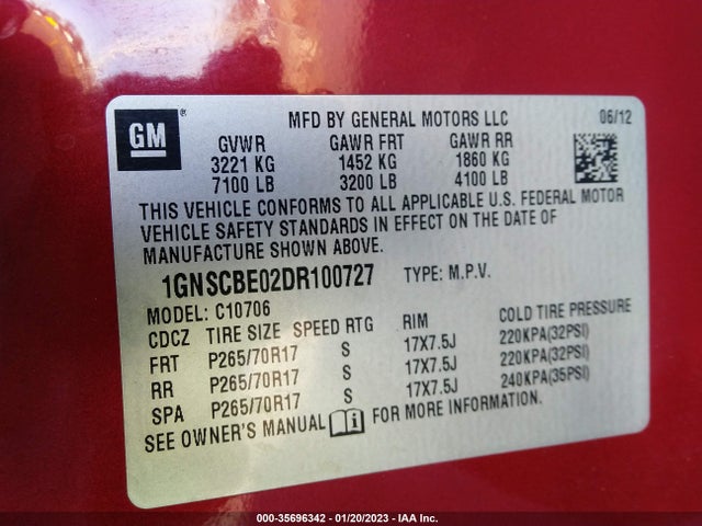 2013 CHEVROLET TAHOE LT VIN: 1GNSCBE02DR100727