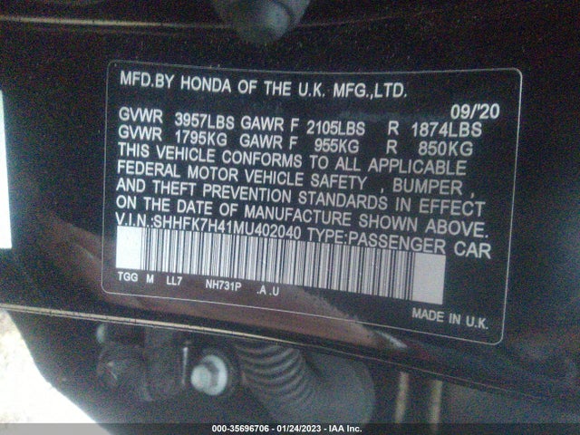 2021 HONDA CIVIC HATCHBACK SPORT VIN: SHHFK7H41MU402040