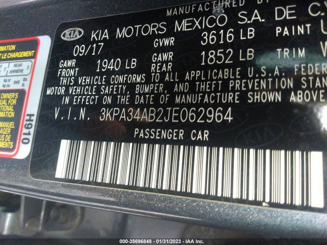 2018 KIA RIO EX VIN: 3KPA34AB2JE062964