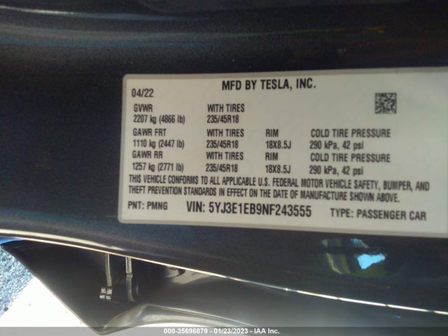 Tesla Model 3 Long Range 2022 5YJ3E1EB9NF243555 Image 10