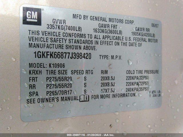 GMC YUKON XL DENALI 2007 1GKFK66877J398420 Image 10