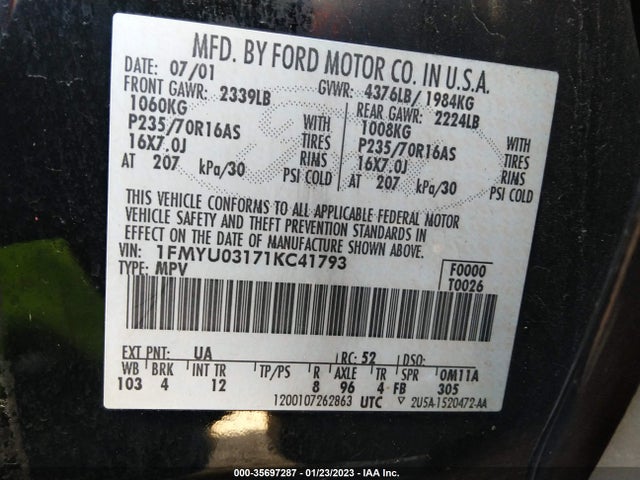 2001 FORD ESCAPE XLT VIN: 1FMYU03171KC41793