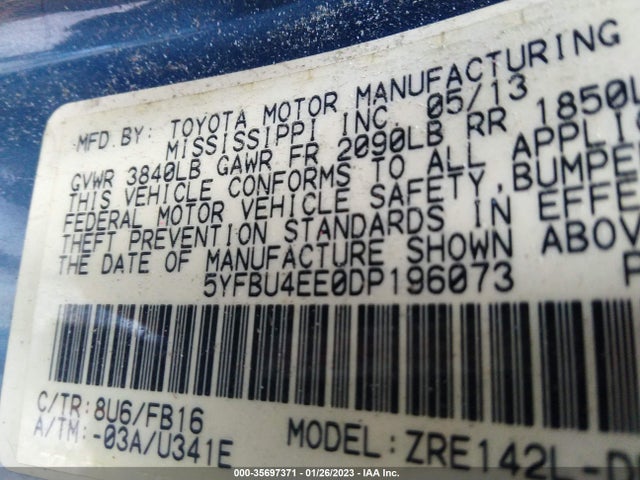 2013 TOYOTA COROLLA L/LE/S VIN: 5YFBU4EE0DP196073